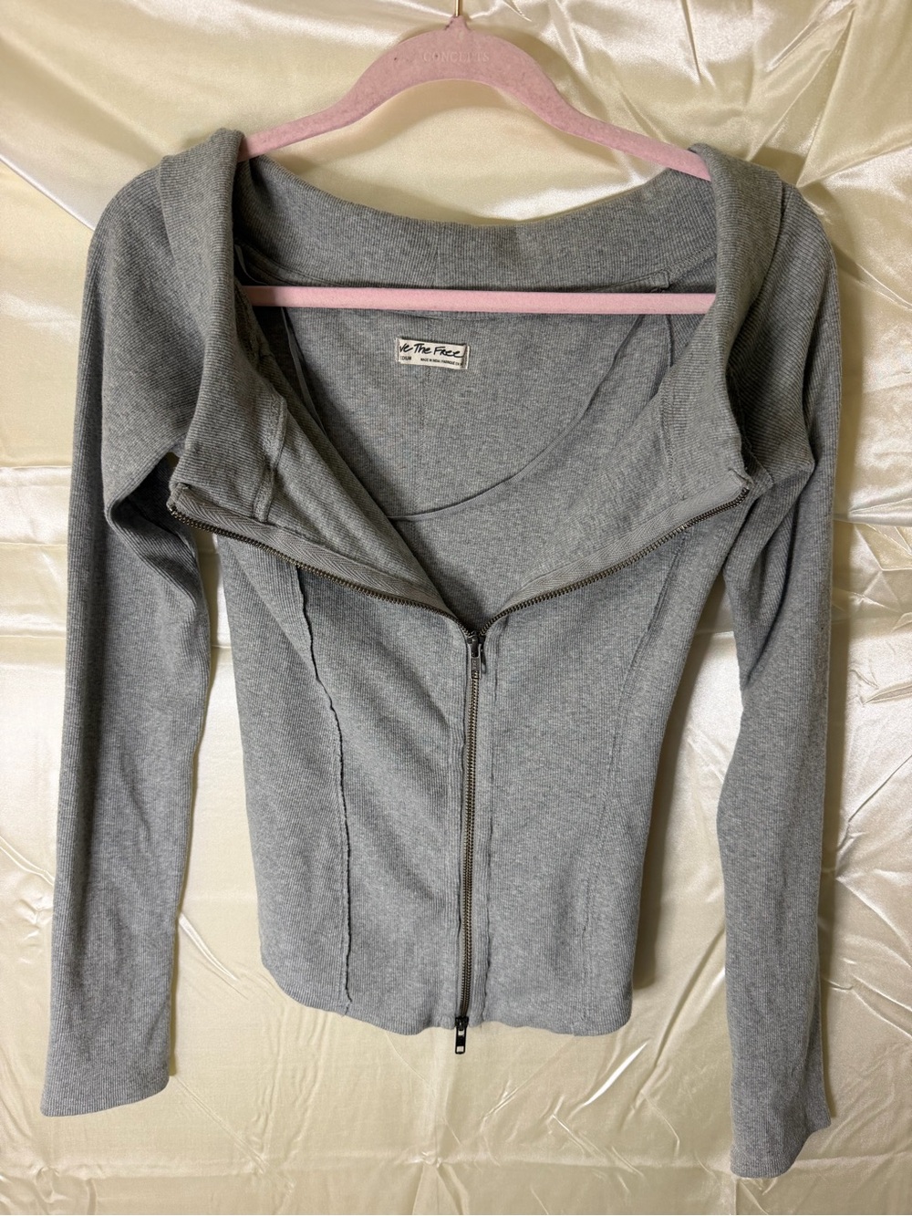 Free People We The Free M Gray Ribbed Off Shoulder Zip Jacket Y2K Moto Top